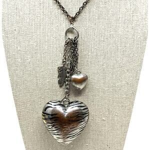 Long 30" Necklace w/ Large Puff Heart Pendant & Little Puffy Heart & Featherverc